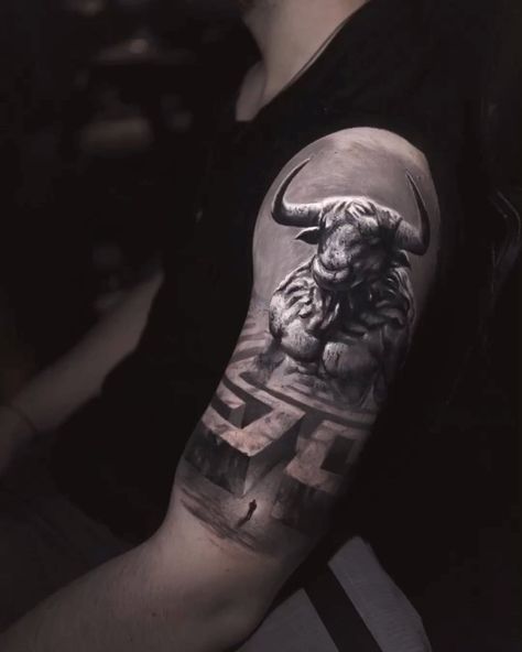 Sb Tattoo, Minotaur Tattoo, Left Arm Tattoos, Taurus Tattoo, Sugar Skull Artwork, Black Art Tattoo, Greek Mythology Tattoos, Men Tattoos Arm Sleeve, Taurus Tattoos