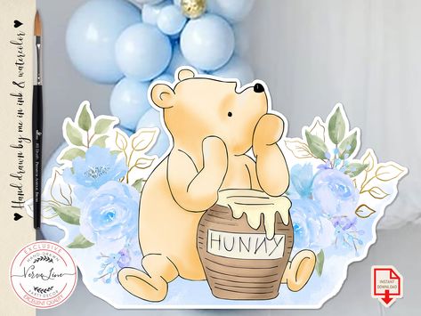 Cutout Decor Classic Winnie the Pooh with Blue Flower Baby Shower | Birthday Party Cutout Prop | Stand Up Prop DIGITAL DOWNLOAD 0001 0001.10 by VerveLine on Etsy Pooh First Birthday, Flower Baby Shower, Diy Glue, Winnie The Pooh Baby Shower, Classic Winnie The Pooh, Pooh Baby, Baby Shower Flowers, Drawing Watercolor, Pink Balloons