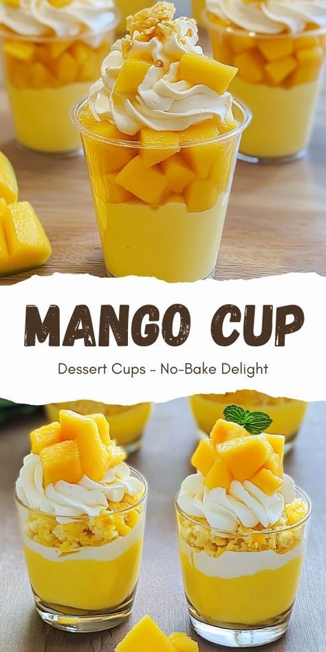 Mango Dessert Cups – No-Bake Delight Ingredients: Mango Layer: 200g chopped mango: Fresh and ripe for the best flavor. 2 tbsp sugar: To enhance the natural sweetness of the mangoes. 150g mango puree: Optional, but it adds an extra layer of intense mango flavor. (If you’re using all fresh mangoes, you can skip the puree and increase the chopped mango.) #Mango #Cup Filipino Mango Dessert, No Bake Mango Dessert, Mango Chocolate Dessert, Recipes Using Mango Puree, Baking With Mango, Mango Mousse Cups, Quick Mango Dessert, Mango Filling For Cake, Mango Dessert Ideas