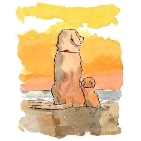 Labradoodle Watercolor, Golden Retriever Sketch, Golden Retriever Illustration, Golden Retriever Watercolor, Golden Retriever Painting, Watercolor Painting Easy, Beach Sketches, Golden Retriever Art, Watercolor Calligraphy