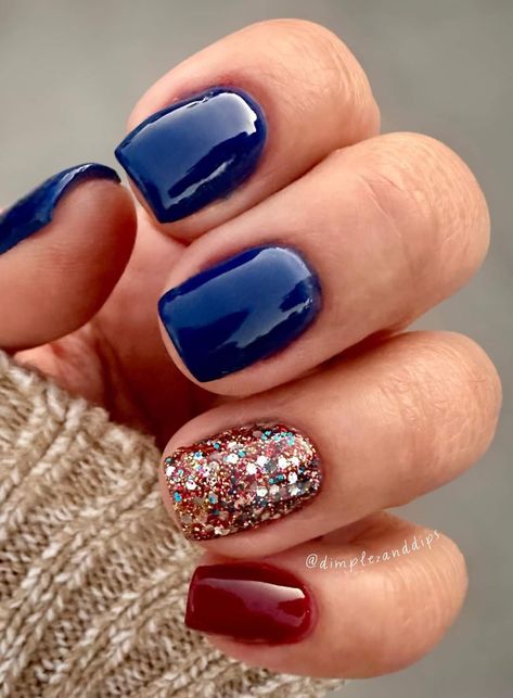 Maroon And Navy Nail Ideas, Fall Blue Dip Nails, Navy Nails Fall, Tri Color Nails, Fall Navy Nails, Burgundy And Navy Nails, Fall Nails Navy Blue, Fall Blue Nail Colors, Dark Blue Fall Nails