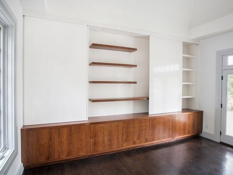 Custom Wall Unit, Built In Wall Units, Wood Veneer Sheets, Flexible Wood, Walnut Bookcase, Walnut Shelves, Raised Panel Doors, Cabinetry Design, Custom Kitchens