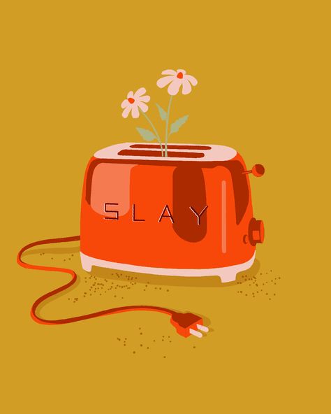 Smeg toaster illustration featuring the word "Slay" with flowers growing out of the middle. Toaster Illustration, Smeg Toaster, Love A, Creative Professional, Hand Lettering, Global Community, Cute Drawings, Drawings, Design