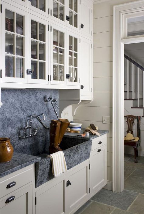 G.P. Schafer Architect, PLLC beautiful kitchen with white cabinets glass fronts, and soapstone counters, backsplash and sink. Gil Schafer, Boot Room, Laundry Mud Room, White Cabinets, Breakfast Room, Hudson Valley, Architectural Digest, A Kitchen, Kitchen Inspirations