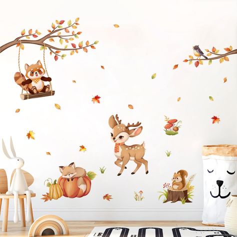 PRICES MAY VARY. Reliable and Durable: Our woodland animals wall decals wall decals are made of reliable vinyl, ink and adhesive, it's easy to peel and stick, removable and waterproof. The watercolor wall stickers are durable and fade resistant, can withstand daily wear and tear, as well as minor cleaning without losing their appearance. Unique Design: The baby wall sticker is composed of forest animals, cute deer raccoon fox and squirrel, will bring your children's room to life and create an im Wall Stickers Tree, Fox And Squirrel, Woodland Stickers, Baby Wall Stickers, Daycare Classroom, Cartoon Deer, Safari Art, Tree Branch Wall, Fox Animal