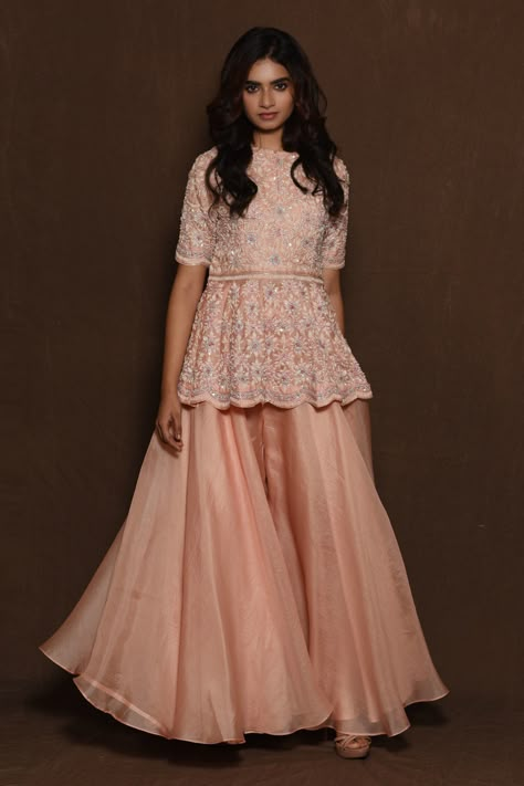 Shop for these amazing collections of Pink Organza Embroidery Round Peplum Kurta And Gharara Set For Women by Vara by Vibha n Priti online at Aza Fashions. Long Blouse Designs, Sharara Pants, Function Dresses, Long Gown Design, Anarkali Dress Pattern, Gaun Fashion, Long Dress Design, Fancy Dresses Long, Indian Gowns Dresses