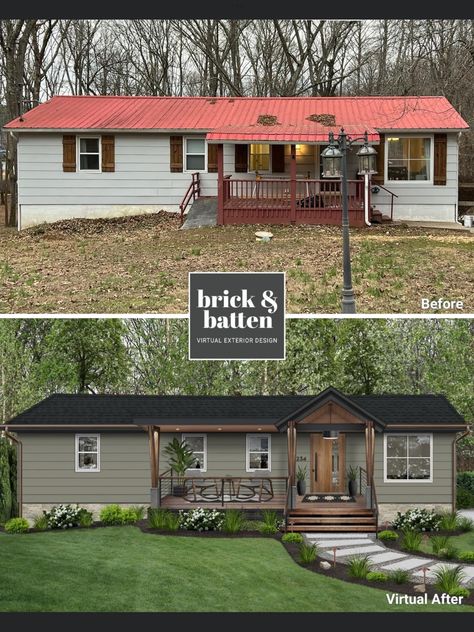 Double Wide Front Porch Ideas, Mobile Home Front Door, Manufactured Home Exterior, Manufactured Home Porch, Double Wide Remodel, Gabled Roof, Lake Property, Mobile Home Exteriors, Mobile Home Makeovers