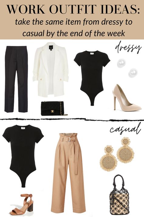 This post gives you ideas on out of the norm work outfits that start off dressy and can be casual by the end of the week. Body Suit Outfits For Work, Bodysuit Outfit For Work, Easy Business Professional Outfits, Essential Work Outfits Women, Body Suit Work Outfit, Black Bodysuit Work Outfit, Professional Work Outfits Women Classy, Bodysuit Outfit Work, Bodysuit Work Outfit