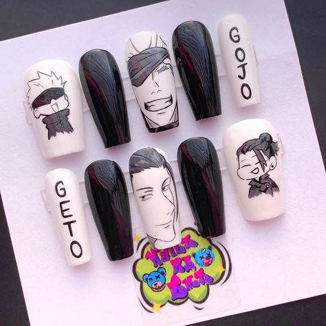 Gojo Satoru Nails Design, Gojo Satoru Nails Art, Jjk Nails Designs Gojo, Satosugu Nail Art, Gojo Themed Nails, Gojo Nails Inspired, Gojo Nail Art, Manhwa Nails, Gojo Inspired Nails