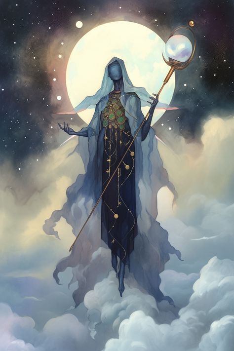 Source: Midjourney & Photoshop Celestial Patron Dnd, The Moon Personified, Dnd Celestial Art, Dnd Gods Concept Art, Demigod Character Design, Dnd Monk Aesthetic, Fantasy Deities, Celestial Beings Art, Goddess Of Space