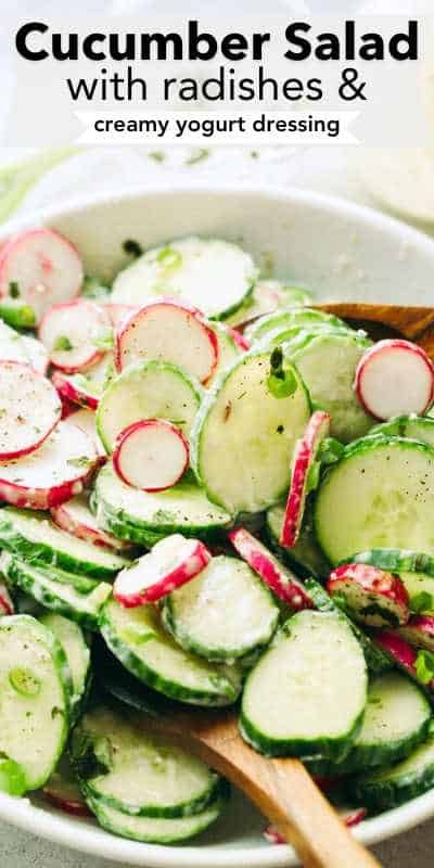 This Cucumber Salad recipe features deliciously crunchy slices of fresh cucumbers and radishes tossed in a garlicky and creamy yogurt dressing. It's a refreshing and flavorful side dish perfect for any occasion. Pineapple Balls, Christmas Biscotti, Mediterranean Flatbread, Tomatoes Salad, Cordial Recipe, Homemade Pretzels, Radish Recipes, Creamy Cucumber Salad, Egg Plant