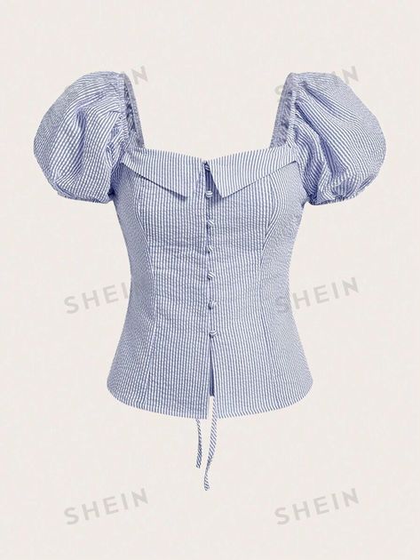 SHEINNeu Striped Puff Sleeve Button Front Blouse | SHEIN USA Causal Chic Outfits, Causal Chic, Clo 3d, Korean Blouse, Money Outfit, Modest Dresses Casual, Crochet Business, Fluffy Slime, Clothing Pieces