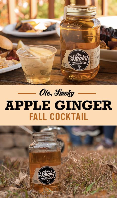 How to make an Ole Smoky Apple Ginger Cocktail in five easy steps. 1. Start with 2.5 oz. Ole Smoky Apple Pie Moonshine. 2. Add 2.5 oz. Ginger Ale. 3. Mix well in a glass over ice. 4. If you want, garnish with a fresh apple slice. 5. Sit back, watch the leaves fall, and shine responsibly. Apple Pie Moonshine Cocktail, Apple Pie Moonshine, Ginger Cocktails, Apple Slice, Fall Cocktails, Fall Drinks, Leaves Fall, Alcohol Drink Recipes, Drinks Alcohol Recipes