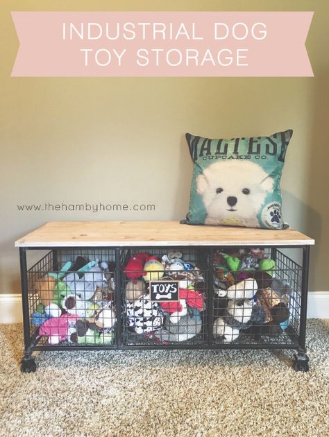 Industrial Dog Toy Storage - The Hamby Home Dog Toy Organization, Dog Room Decor, Industrial Bench, Puppy Room, Dog Storage, Dog Organization, Dog Toy Box, Diy Toy Storage, Dog Spaces