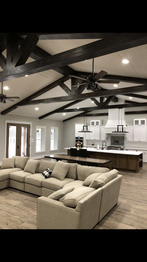 Build A Barndominium On A Budget, Simple Barndominium Kitchen Ideas, Open Beams Ceiling, Beam Ideas, Barndo Ideas, Barndominium Interior, Metal Building House Plans, Barn House Interior, 2023 Ideas