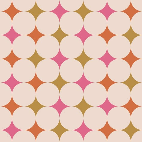 Wall Blush Originals Introduce a celestial flair to any room with our "Starry". Featuring a retro geometric design in a bold palette of pink, orange, and yellow, this design adds a touch of feminine elegance to your space. Make a statement with this fun yet sophisticated accent! 19-inch panel design and available in heights from 2 - 20 feet Choose between a PEEL AND STICK VINYL application or a PASTE TO THE WALL TRADITIONAL NON-WOVEN application. Subtle sheen Pink, Orange and Yellow Easily remov 70s Palette, Retro Wall Design, Orange And Pink Pattern, 70s Inspired Design, Retro Stars, Retro Design Pattern, Pink Orange Yellow, Retro Prints And Patterns, Pink Retro