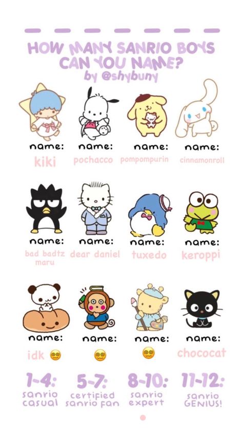 Cinnamoroll Family Names, Hello Kitty Characters Names, Sanrio Names, Sanrio Template, Alaa Core, Sanrio Painting, All Sanrio Characters, Sanrio Boys, Money Wallpaper Iphone