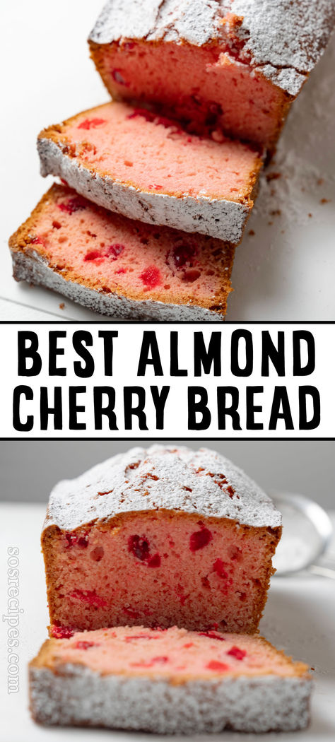 This Cherry Almond Bread combines the sweet flavors of cherries and almonds in a soft, moist loaf, perfect for afternoon coffee, brunch, or special occasions. Toasted with almond butter, it makes a delicious breakfast or snack. The recipe is simple and uses basic pantry ingredients along with maraschino cherries, so you don’t need to pit fresh fruit! Cherry Almond Bread, Cherry Quick Bread, Cherry Bread Recipe, Almond Bread Recipe, Cherry Bread, Almond Bread, Afternoon Coffee, Cherry Almond, Chocolate Chip Banana Bread