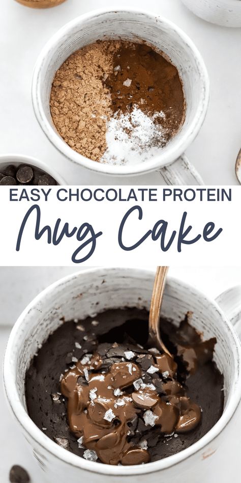 This chocolate Protein Mug Cake is a healthy dessert that you can enjoy for a protein-packed treat when that sweet craving hits. It is naturally gluten-free, dairy-free, refined sugar-free, egg-free, and flourless. Ready in about 3 minutes for a quick and easy healthy dessert, snack, or breakfast treat! Protein Powder Desserts For One, Desserts With Chocolate Protein Powder, Quick Protein Powder Desserts, Healthy Desserts For Two, Healthy Dessert Recipes For One, Protein Powder Mug Brownie, Healthier Mug Cake, Chocolate Protein Powder Mug Cake, Protein Dessert Recipes Easy