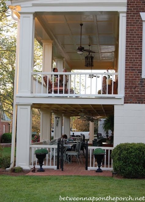 Double Porch on Back of Historic Home in Cave Spring, Georgia_ceiling on top porch Second Story Porch Balconies, Two Story Back Porch, 2nd Story Covered Porch, Double Deck Porch, 2nd Floor Porch Ideas, Screened In Porch Second Story, 2nd Story Porch, 2nd Story Sunroom, Double Porch House