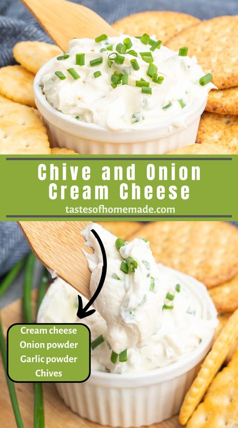 Onion chive cream cheese spread comes together in five minutes with just four ingredients.  Use this flavorful spread on crackers or bagels, or serve with fresh veggies such as carrots or celery sticks.  This cream cheese is much better than store-bought and made with fresh garden chives.  Made with regular spreadable cream cheese, fresh chives, and onion and garlic powder.  This quick and easy spread comes together in less than five minutes and keeps for about two weeks. Garlic And Chive Cream Cheese, Cream Cheese Chive Dip, Homemade Chive And Onion Cream Cheese, Homemade Vegetable Cream Cheese, Onion Chive Cream Cheese Recipes, Cream Cheese And Chives Dip, Homemade Flavored Cream Cheese, Chive Cream Cheese Recipes, Cream Cheese Spread For Crackers