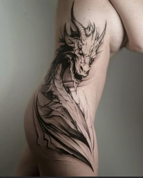 Dragon Tattoo Stomach, Dragon Tattoo Hip, Dragon Thigh Tattoo, Girl Thigh Tattoos, Small Dragon Tattoos, Dragon Tattoo For Women, Clever Tattoos, Scary Tattoos, Bff Tattoos