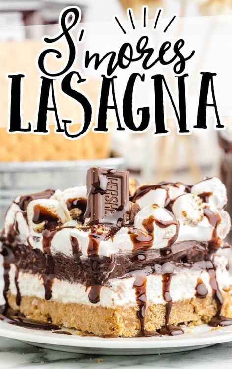 S'more Lasagna, S’mores Lasagna, Turtle Lasagna Dessert, Smores Lasagna, Dessert Lasagna Recipes, Mint Chip Desserts, Dessert Lasagnas, Dessert Lasagna, Smores Dessert