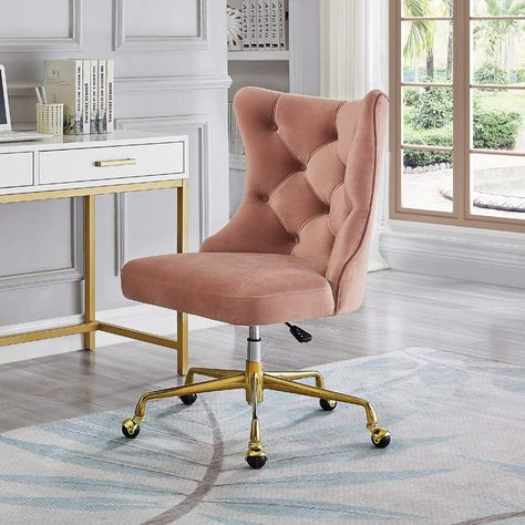 Amazon.com: 24KF Velvet Upholstered Tufted Button Home Office Chair with Golden Metal Base,Adjustable Desk Chair Swivel Office Chair - 7081-Blush : Home & Kitchen Pink Desk Chair, Pink Office Chair, Fancy Chair, Velvet Office Chair, Office Desk Chairs, Vanity Benches, Chair Swivel, Home Office Chair, Adjustable Chairs