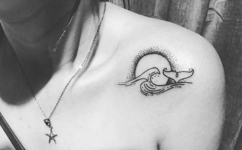 Tail whale, ocean, sun & moon, beach lover Dolphin And Wave Tattoo, Whale And Moon Tattoo, Beach Lover Tattoo, Dolphin Tail Tattoo, Moon And Ocean Tattoo, Ocean Lover Tattoo, Lilly Tattoos, Whale Tail Tattoo, Small Beach Tattoos