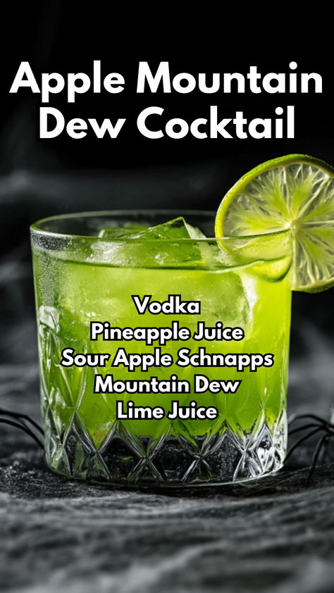 Apple Mountain Dew Cocktail Mountain Dew Mixed Drinks, Green Apple Alcohol Drinks, Mountain Dew Cocktail, Green Apple Cocktails, Green Cocktails, Cocktail Cards, Vodka Cocktails Easy, Apple Schnapps, Apple Cocktail