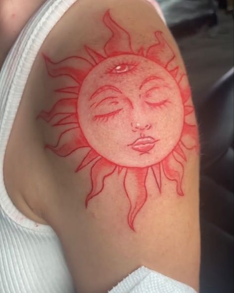 #tattoo #tattooforwomen #redinktattoo #spiritualtattoo #thirdeyetattoo #suntattoo #hippietattoo Spiritual Sun, Rib Tattoos For Guys, Traditional Tattoo Designs, Engraving Tattoo, Wicked Tattoos, Summer Tattoo, Tattoos For Black Skin, Sun Tattoos, Red Ink Tattoos