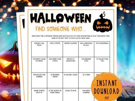 Halloween Find Someone Who Party Game Halloween Bingo Find The Guest Bingo Human Bingo Mix and Mingle Adult Scavenger Hunt Ice Breaker Games by VanillaMintPrints on Etsy Adult Ice Breakers, Halloween Party Games For Kids, Human Bingo, Find The Guest Bingo, Adult Scavenger Hunt, Guest Bingo, Party Games For Kids, Halloween Villain, Spooky Games