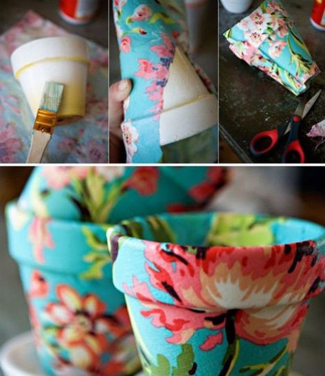 knutselen voor volwassenen | DIY: potjes bekleden met een leuk stofje Door ilkavanderburgt Eco Crafts, Craft Night, Décor Diy, Painted Pots, Crafty Craft, Mod Podge, Crafty Diy, Craft Time, Diy Fabric