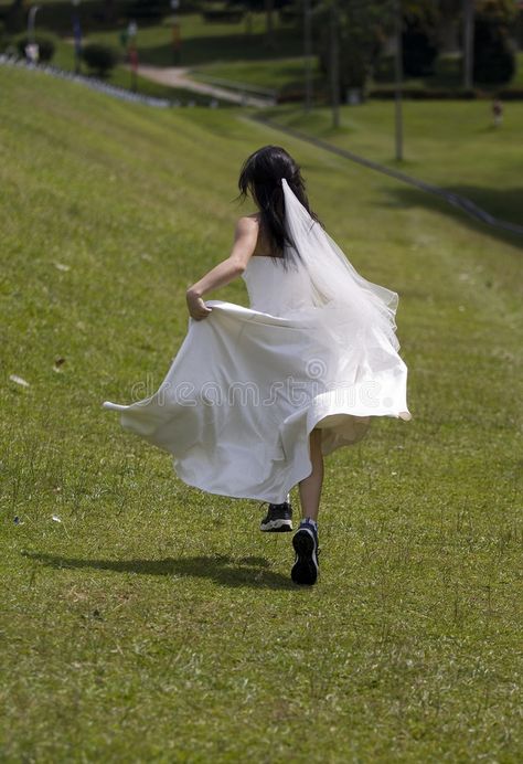 Runaway Bride 2. A woman in a wedding dress runs away in training shoes , #Sponsored, #woman, #Runaway, #Bride, #wedding, #training #ad Running In A Ballgown, Running In Dress Reference, Running In Wedding Dress, Runaway Bride Photoshoot, Drawing Reference Action, Runaway Bride Aesthetic, Running In Dress, Running Drawing Reference, Running Bride