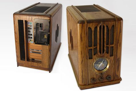 Another classy looking wooden one; this time built into a Zenith 5-S-29 radio. Vintage Pc Build, Wood Computer Case, Wooden Phone Amplifier, Steampunk Computer, Custom Computers, Soviet Computer, Old Desktop Computer, Steampunk Electricity, Steampunk Pc Case