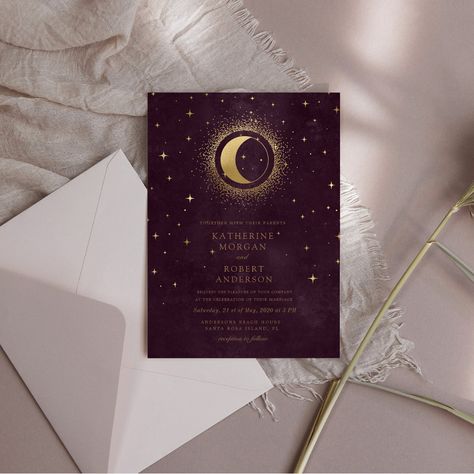 Celestial Burgundy Gold Moon And Stars Wedding Invitation Sky Wedding, Stars Wedding, Stars Wedding Invitations, Moon Gold, Moon Wedding, Budget Wedding Invitations, Foil Wedding Invitations, Stars Moon, Midnight Sky