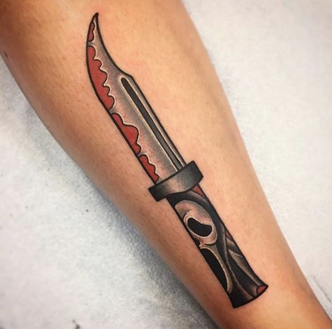 ghostface knife tattoo from the 1996 movie sfream Duck With Knife Tattoo, Ghostface Knife Tattoo, Scream Knife Tattoo, Knife Tattoo Stencil, Ghostface Knife, Scream Tattoo, Duck With Knife, Blood Tattoo, Tattoos Cute