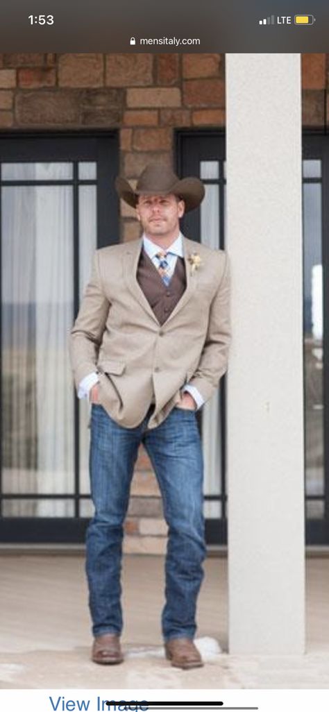 Men’s Western Formal Wear, Tan Sports Coat With Jeans Wedding, Suit Jacket With Jeans And Cowboy Boots Men, Country Wedding Outfits Guest, Western Wedding Outfits For Men, Jeans Cowboy Boots And Blazer Outfit Men, Tan Suit Jacket With Jeans Wedding, Cowboy Chambelanes Outfits, Guys Prom Outfit With Jeans