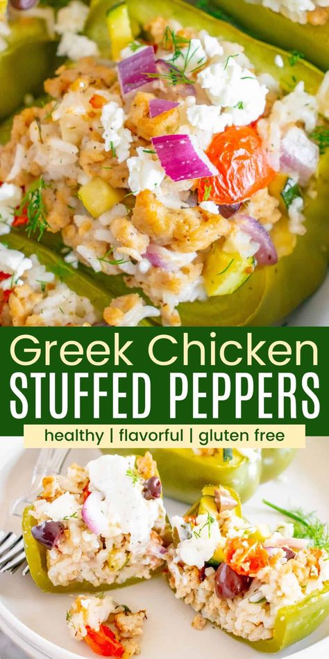 These gorgeous Greek Chicken Stuffed Peppers are packed with Mediterranean flavors and textures! Nutritious and satisfying, plus naturally gluten free, this is a meal fit for a dinner party - or any night of the week. Rotisserie Chicken Stuffed Peppers, Mediterranean Stuffed Peppers, Greek Stuffed Peppers, Homemade Tzatziki, Dinner Party Summer, Greek Flavors, Tzatziki Sauce, Cooking White Rice, Greek Chicken