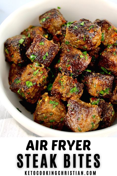 These Air Fryer Steak Bites are tender, juicy, and buttery perfection in every single bite! Made in under 15 minutes, they're perfect for busy weeknight dinners. #steakbites #airfryerrecipes #airfryersteak Home Chef Recipes, Air Fryer Steak Bites, Air Fry Steak, Teriyaki Steak, The Stay At Home Chef, Breaded Steak, Steak Sandwiches, Steak Bites Recipe, Air Fryer Steak