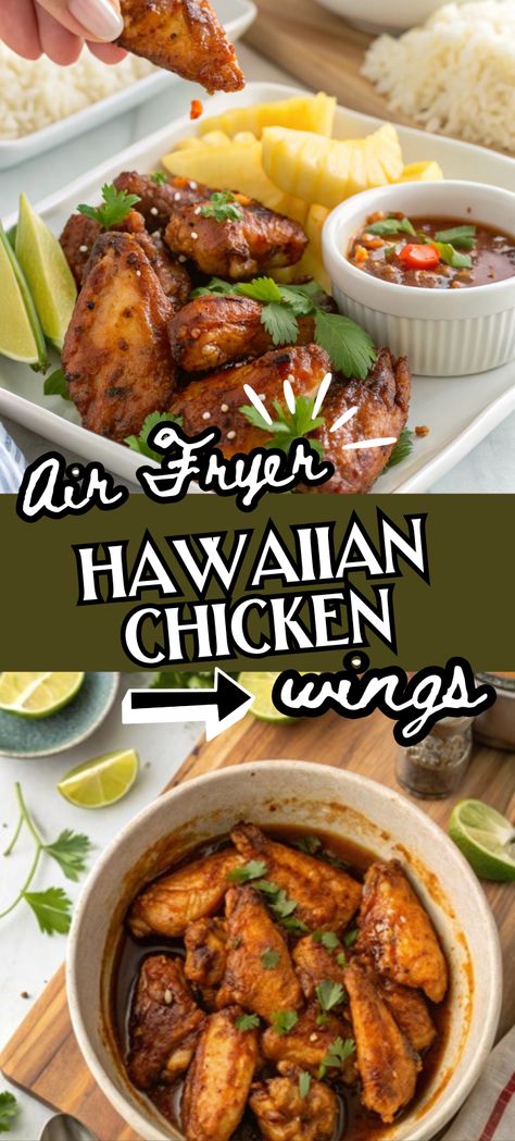 A plate of crispy, air-fried Hawaiian chicken wings with pineapple slices, cilantro, and a dipping sauce. Keto Hawaiian Chicken, Hawaiian Wing Sauce, Wingstop Hawaiian Wings Recipe, Easy Appetizers Finger Foods, Hawaiian Wings, Sweet Chicken Wings Recipe, Hawaiian Chicken Wings, Chicken Recipes Air Fryer, Chicken Glaze