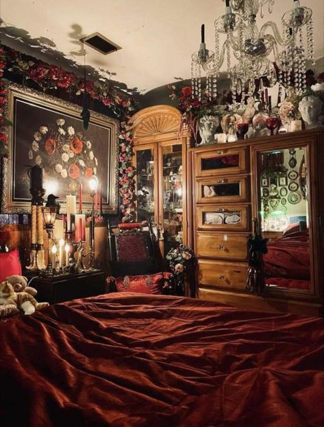 Deep Red Bedroom, Gothic Red Bedroom, Deep Red Room Aesthetic, Red Goth Room, Whimsigoth Apartment, Vampire Bedroom Aesthetic Victorian, Red Whimsigoth Bedroom, Romantic Goth Bedroom, Vampire Bedroom