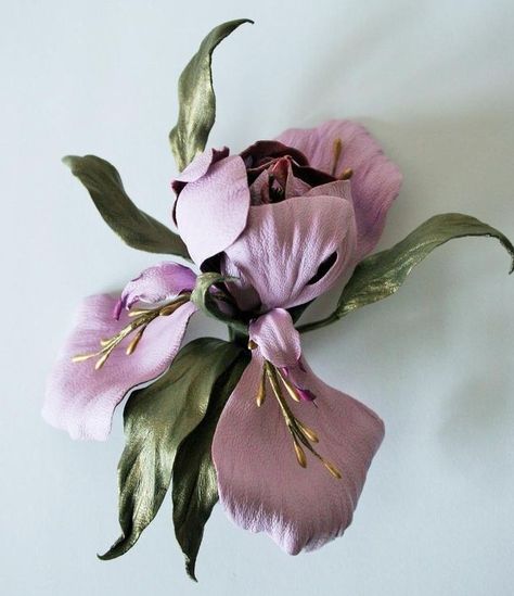 Iris Corsage, Leather Flower, Leather Flowers, Bead Jewellery, Flower Art, Unique Jewellery, Lilac, Handmade Gift, Beads