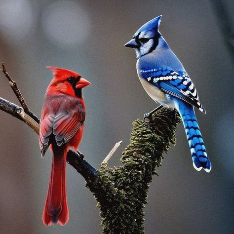 Cardinal and Blue Jay ❤️💙 📸... - Everything cardinal Cardinal And Blue Jay, Blue Jay Tattoo, Blue Jay Art, Cardinal Birds Art, Ancient Fish, Blue Jay Bird, Jay Bird, Cardinal Birds, Pretty Animals