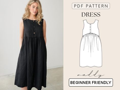 Babydoll Dress Sewing Pattern Free, Loose Fit Dress Pattern, Summer Dress Pattern, Linen Dress Pattern, Loose Dress Pattern, Dress Pdf Pattern, Boutique Clothing Store, Summer Dress Patterns, Button Holes