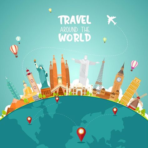 Travel around the world concept with landmarks on globe Travel Instagram Post, World Landmarks, Globe Vector, Instagram Template Free, 7 Wonders, Ig Templates, Templates For Instagram, Travel Globe, Creative Invitations