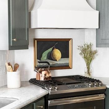 Corner Stove - Contemporary - kitchen - Laura Tutun Interiors Corner Range Hood, Kitchen With Corner, Gray Marble Countertops, Green Beadboard, Beadboard Cabinets, Kitchen Beadboard, Corner Range, White Cottage Kitchens, Corner Stove