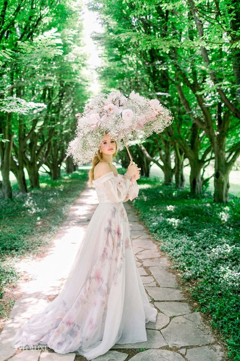 Versailles Gardens - WedLuxe Magazine Flower Umbrella Photoshoot, Wedding Dresses Floral, Umbrella Photoshoot, Colorful Wedding Dress, Versailles Gardens, Flower Umbrella, Bridal Umbrella, Custom Made Wedding Dresses, Floral Umbrellas