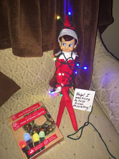 All tangled up Elf Shelf Christmas Lights, Elf Tangled In Lights, Elf On The Shelf With Christmas Lights, Elf Ideas Easy, Elf On Shelf, Tangled Lights, Elf Fun, Shelf Lighting, Elf Ideas