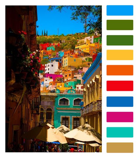 Colour palette inspired by Guanajuato Mexico Latin Color Palette, Mexico Color Palette, Mexico Moodboard, Latin Festival, Mexico Colors, Pantone Color Chart, Food Project, Colour Themes, Create Color Palette